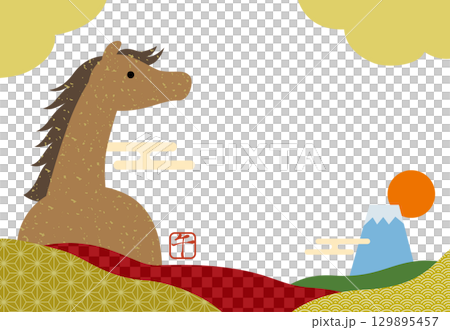 New Year's card for the Year of the Horse 2026, featuring the horse, Mt. Fuji, and a Japanese pattern / width 04, no text 129895457
