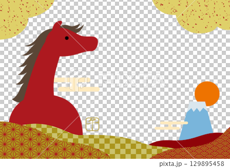 New Year's card for the Year of the Horse 2026, featuring the horse, Mt. Fuji, and a Japanese pattern / width 05, no text 129895458