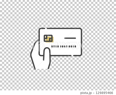 Vector line drawing icon of paying with a credit card held in hand (cashless) 129895466