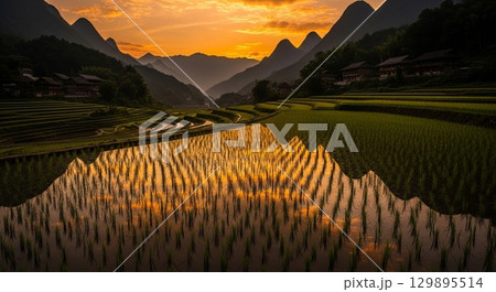 夕日に染まる棚田 夕日に染まる棚田 129895514