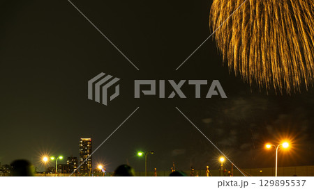 美しい夜空の都市景観に映える芸術花火大会風景　(福岡市西区のマリナタウン海浜公園) 129895537