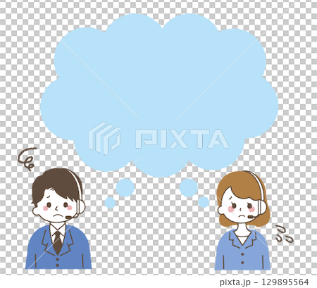 吹き出しと悩むオペレーターのベクターイラスト素材。コールセンターの社員のネガティブな表情。 129895564