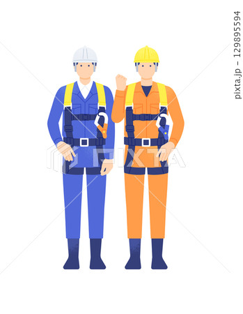 高所作業の安全対策をアピール 墜落制止用器具（フルハーネス）を着用した現場監督と作業員のイラスト 129895594