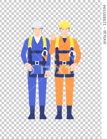 高所作業の安全対策をアピール 墜落制止用器具（フルハーネス）を着用した現場監督と作業員のイラスト 129895594