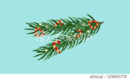 Christmas tree branch with decorations New Year. glitter. Design postcard banner poster and web page. Vector illustration. 129895778