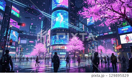 夜の繁華街と満開の桜 129895829