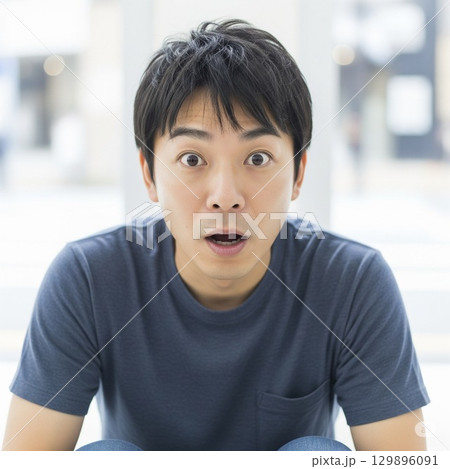 Tシャツを着た驚く若い男性 129896091