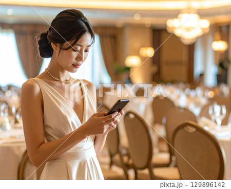 スマートフォンを持つドレス姿の女性 スマートフォンを持つドレス姿の女性 129896142