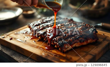 Outdoor summer barbecue with a person pouring sauce over grilled meat, highlighting the joy of cooking and gathering Outdoor summer barbecue with a person pouring sauce over grilled meat, highlighting the joy of cooking and gathering 129896645