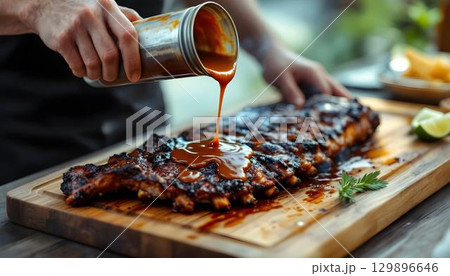A person adds barbecue sauce to grilled items at a summer outdoor barbecue, capturing the essence of seasonal fun A person adds barbecue sauce to grilled items at a summer outdoor barbecue, capturing the essence of seasonal fun 129896646