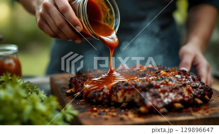 Summer barbecue scene with a person drizzling sauce over grilled food, surrounded by outdoor festivities Summer barbecue scene with a person drizzling sauce over grilled food, surrounded by outdoor festivities 129896647