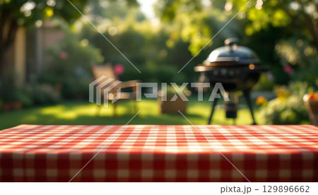 An empty red and white checkered tablecloth on a green lawn, ideal for summer gatherings and backyard barbecues 129896662