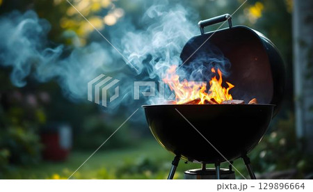 A barbecue grill outdoors with meat cooking, highlighting the joy of summer and the excitement of grilling 129896664
