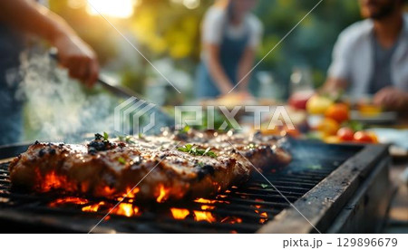 A family gathers around a grill in summer, cooking steak outdoors and enjoying a lively backyard atmosphere 129896679