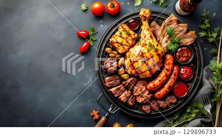 Black plate showcasing grilled meat and vegetables, capturing the essence of summer outdoor barbecues 129896733