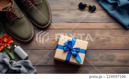 Father's Day scene featuring shoes, a gift box, and a blue ribbon on a wooden table 129897106
