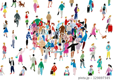 手描きイラスト　手をつないだ様々な人々がハート型に集まっている様子 129897385