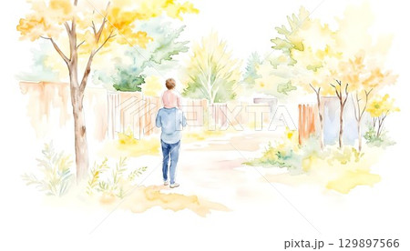 A father and son stand on a hill, gazing at a house, surrounded by a watercolor background. Happy Father's Day! A father and son stand on a hill, gazing at a house, surrounded by a watercolor background. Happy Father's Day! 129897566
