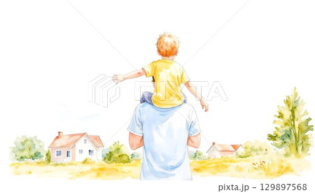 A man and his son admire a house from a hilltop, set against a colorful watercolor backdrop. Happy Father's Day! A man and his son admire a house from a hilltop, set against a colorful watercolor backdrop. Happy Father's Day! 129897568
