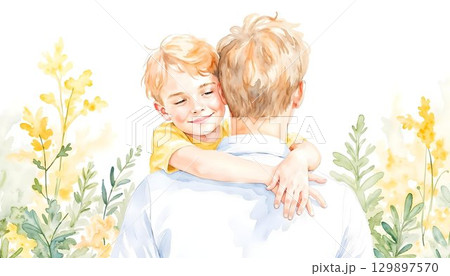 A man and his son stand on a hill, looking at a house, with a joyful watercolor background. Happy Father's Day! A man and his son stand on a hill, looking at a house, with a joyful watercolor background. Happy Father's Day! 129897570