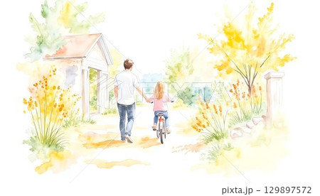 A joyful watercolor illustration of a father and daughter walking in a park, set against a cheerful Father's Day backdrop A joyful watercolor illustration of a father and daughter walking in a park, set against a cheerful Father's Day backdrop 129897572