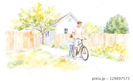 Watercolor artwork of a father and daughter enjoying a walk in the park, celebrating the spirit of Father's Day Watercolor artwork of a father and daughter enjoying a walk in the park, celebrating the spirit of Father's Day 129897573