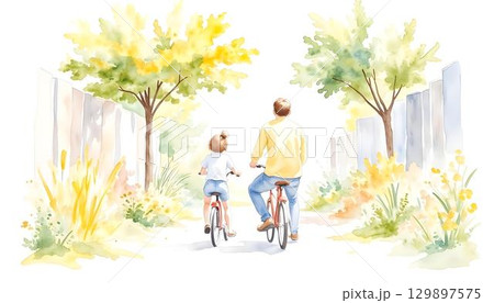 A watercolor scene depicting a father and daughter happily strolling through a park, perfect for Father's Day A watercolor scene depicting a father and daughter happily strolling through a park, perfect for Father's Day 129897575