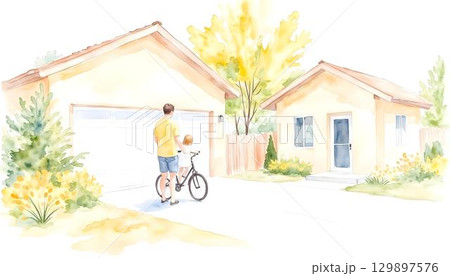 Watercolor illustration of a father and daughter joyfully walking in a park, celebrating Father's Day with a vibrant background Watercolor illustration of a father and daughter joyfully walking in a park, celebrating Father's Day with a vibrant background 129897576