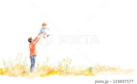 Watercolor illustration of a father and daughter joyfully together in a field, celebrating Father's Day with a vibrant background Watercolor illustration of a father and daughter joyfully together in a field, celebrating Father's Day with a vibrant background 129897577
