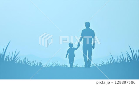 A father and son happily walk in the grass, surrounded by a festive papercut design for Father's Day A father and son happily walk in the grass, surrounded by a festive papercut design for Father's Day 129897586