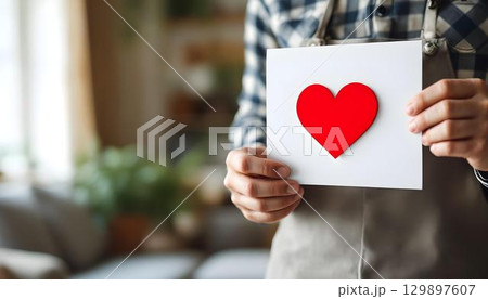 A man holds a paper featuring a red heart, set against a festive Father's Day backdrop 129897607