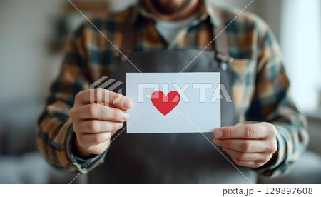 A man proudly displays a paper with a red heart, celebrating Father's Day in a cheerful background 129897608