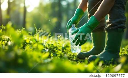 An individual in rubber boots and green gloves collects plastic bottles, highlighting the importance of World Environment Day 129897777