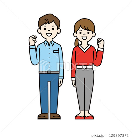 笑顔でガッツポーズをする若い男性と女性の全身イラスト＿ベクター＿カラー 129897872