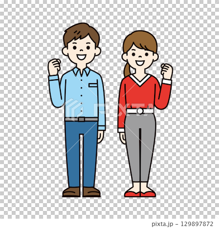 笑顔でガッツポーズをする若い男性と女性の全身イラスト＿ベクター＿カラー 129897872