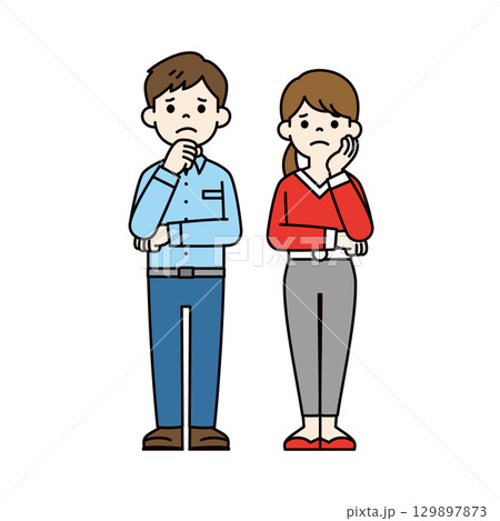 腕を組んで困った顔をする若い男性と女性の全身イラスト_ベクター_カラー 腕を組んで困った顔をする若い男性と女性の全身イラスト_ベクター_カラー 129897873