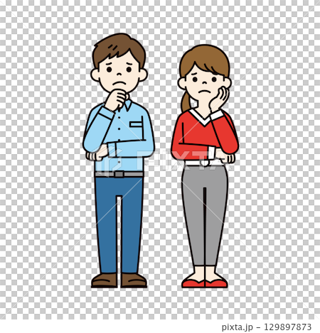 Full-body illustration of a young man and woman with folded arms and a troubled expression_Vector_Color Full-body illustration of a young man and woman with folded arms and a troubled expression_Vector_Color 129897873