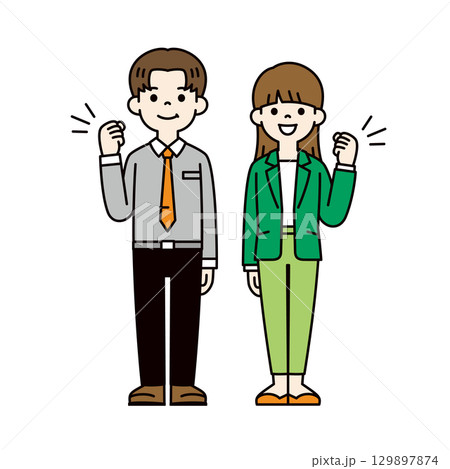やる気あふれる元気な男性社員と女性社員の全身イラスト_ベクター_カラー やる気あふれる元気な男性社員と女性社員の全身イラスト_ベクター_カラー 129897874