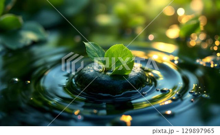 A green leaf floats on water, creating gentle ripples, symbolizing nature's beauty for World Environment Day 129897965