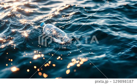 A plastic bottle drifts in the ocean, symbolizing environmental challenges on World Environment Day with a calm sea background 129898187