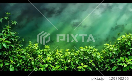 Lush green plants reflected in dark wall, symbolizing nature's beauty for World Environment Day 129898296