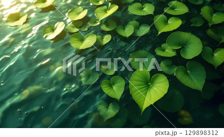 Green leaves in water form heart shapes, representing the spirit of World Environment Day and environmental awareness 129898312