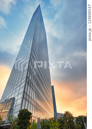 汐留巨大複合都市 シオサイトの超高層ビル群の朝焼け 129898547