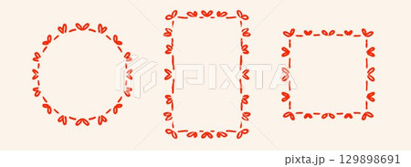 Red hand drawn bow frame set. Heart shape ribbon border collection. Circle, rectangle and square doodled box bundle for invitation template, poster, banner. Coquette sketch cadre pack. Vector Red hand drawn bow frame set. Heart shape ribbon border collection. Circle, rectangle and square doodled box bundle for invitation template, poster, banner. Coquette sketch cadre pack. Vector 129898691