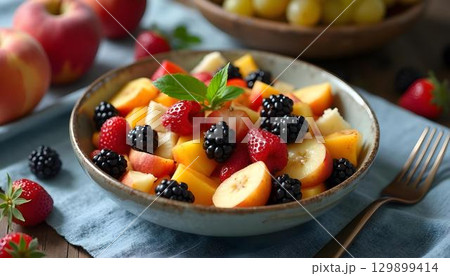 A bowl overflowing with bananas, berries, and a mix of fruits, showcasing a commitment to a healthy lifestyle in a spring atmosphere 129899414