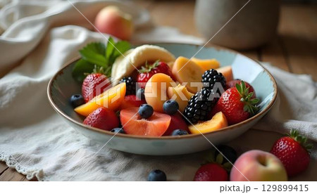 A vibrant bowl packed with bananas, berries, and different fruits, illustrating a springtime focus on healthy eating 129899415