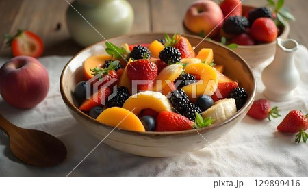 A lively bowl of fresh fruit, including bananas, berries, and a variety of other fruits, capturing the essence of a healthy spring theme 129899416