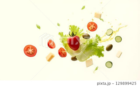 Fresh spring vegetables and cheese flying through the air, capturing the essence of a vibrant picnic feast 129899425