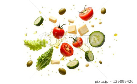 A colorful assortment of spring vegetables and cheese tossed into the air, perfect for a picnic setting 129899426