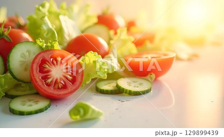 A vibrant arrangement of fresh tomatoes, cucumbers, and basil captures the spirit of spring vegetables against a white backdrop 129899439